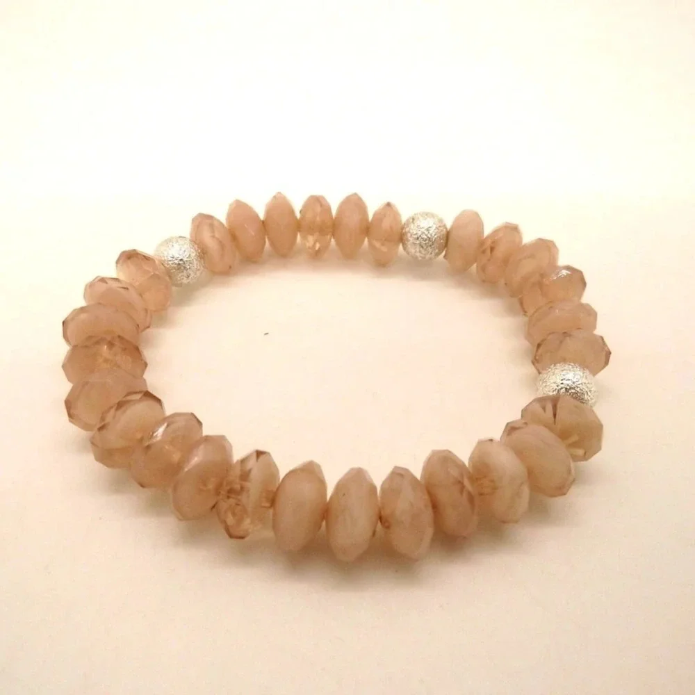 Beaded Stretch Bracelet‎ Faceted Light Pink Peach Silver Tone Beads